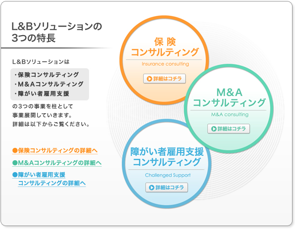 L&Bソリューションの3つの特長　L&Bソリューションは保険コンサルティング・M&Aコンサルティング・障がい者雇用支援コンサルティングの3つの事業を柱として事業展開していきます。詳細は以下からご覧ください。