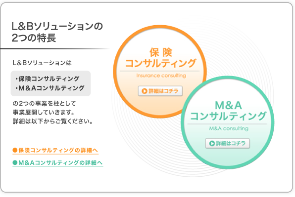 L&Bソリューションの3つの特長　L&Bソリューションは保険コンサルティング・M&Aコンサルティング・障がい者雇用支援コンサルティングの3つの事業を柱として事業展開していきます。詳細は以下からご覧ください。